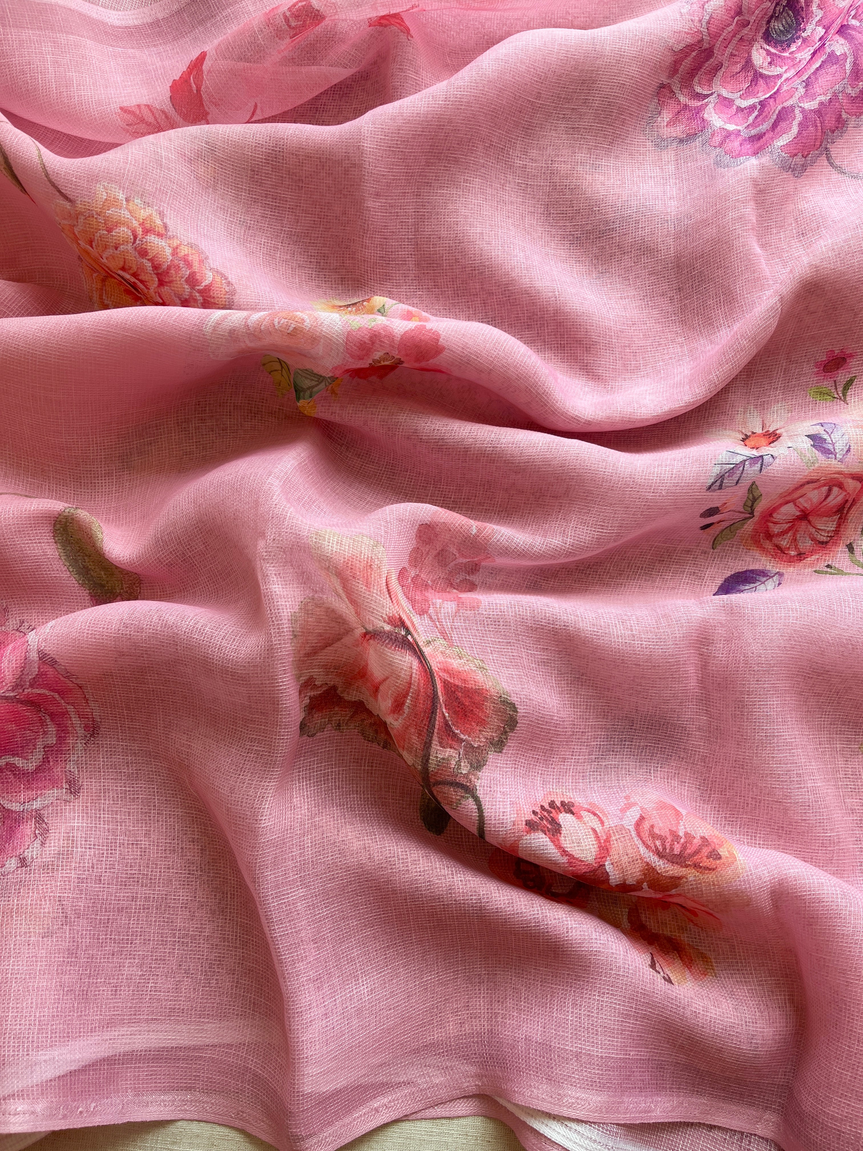 Pink Floral linen Silk Saree